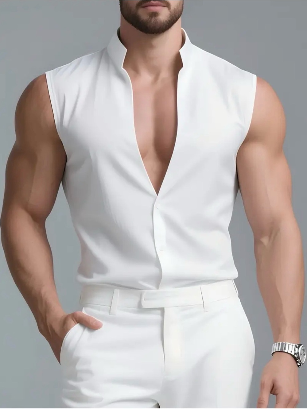 Sleeveless White Open Placket Shirt